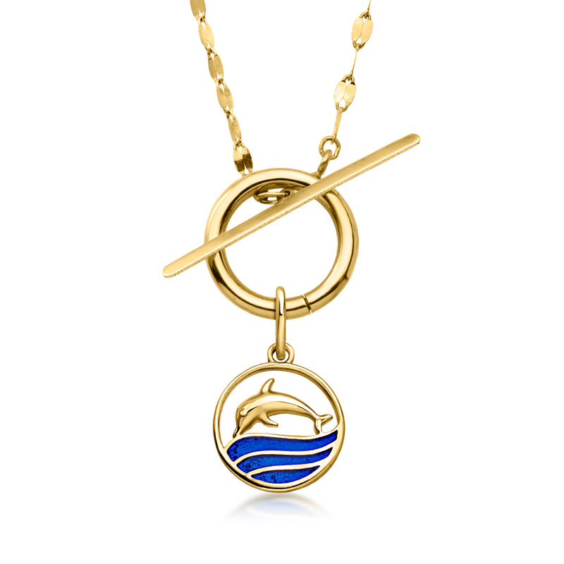 Dolphin blue enamel charm dangle on gold chain with ring bail