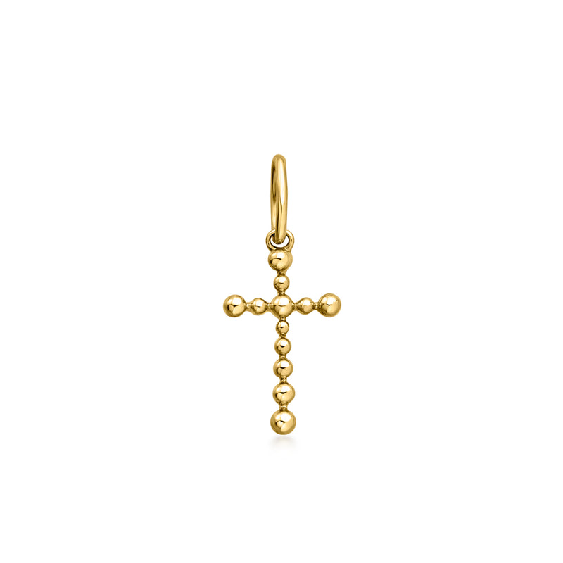 10kt yellow gold beaded cross charm with loop bail and spherical bead details
