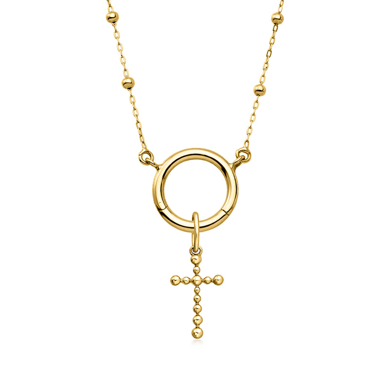 Yellow gold beaded cross charm with circular ring and hanging bead cross
