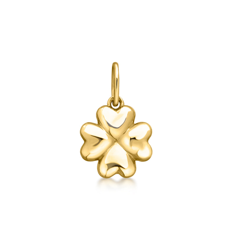 10kt yellow gold clover charm with loop bail, polished four-leaf design