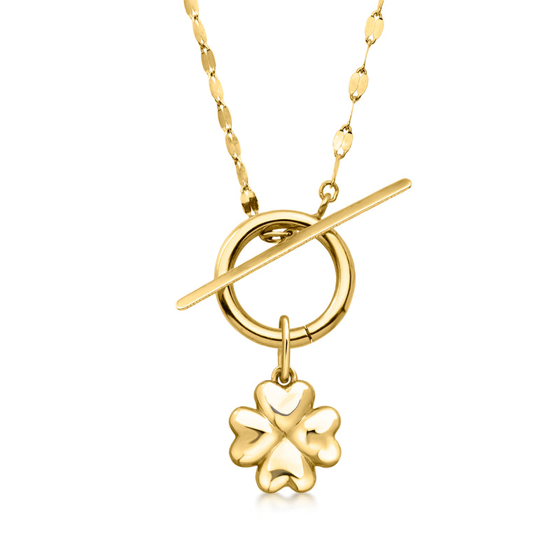 10kt yellow gold clover charm on chain with circular ring and straight bar