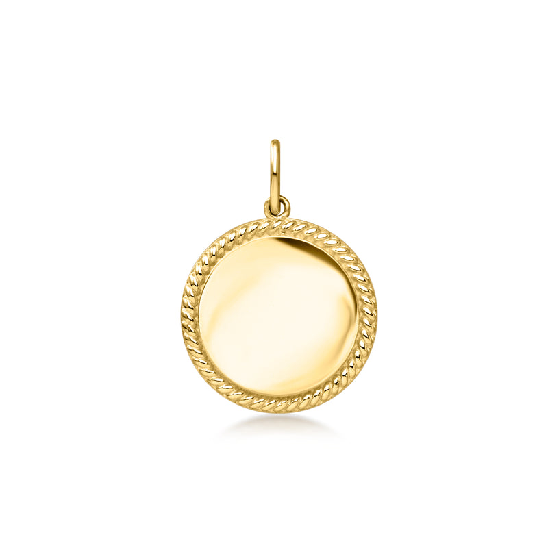 10kt yellow gold roped circle charm with bail loop, polished round front
