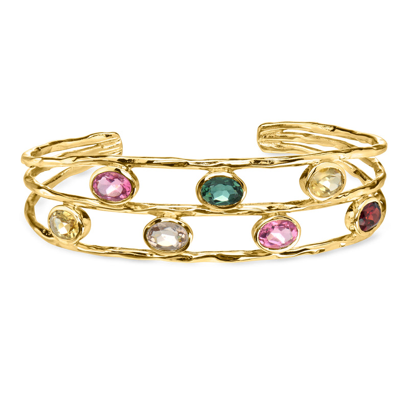 Gold-plated cuff bracelet with multicolored round gemstones in openwork setting