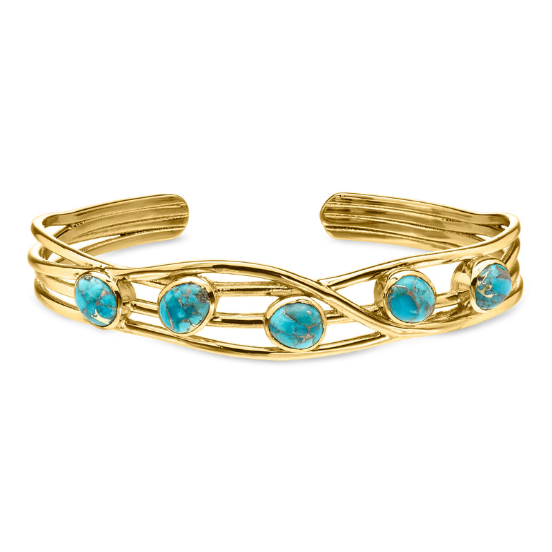 Gold-tone cuff bracelet with oval turquoise stones in linked wave design
