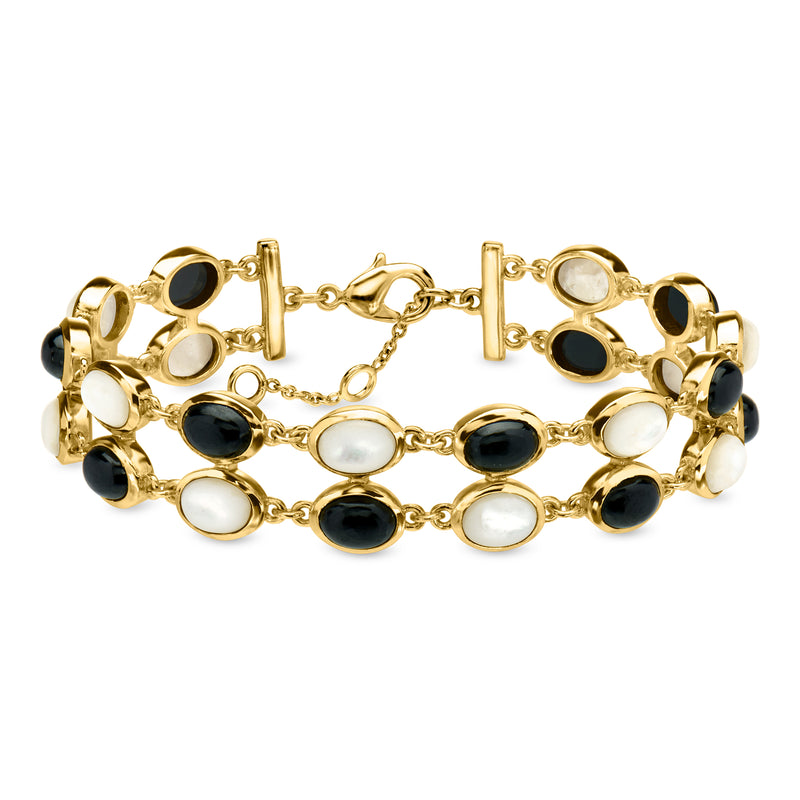 Gold-plated bracelet with mother-of-pearl and black onyx oval links