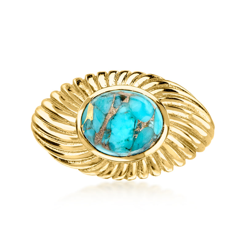 Gold-plated east-west ring with oval turquoise cabochon and ribbed leaf-style band