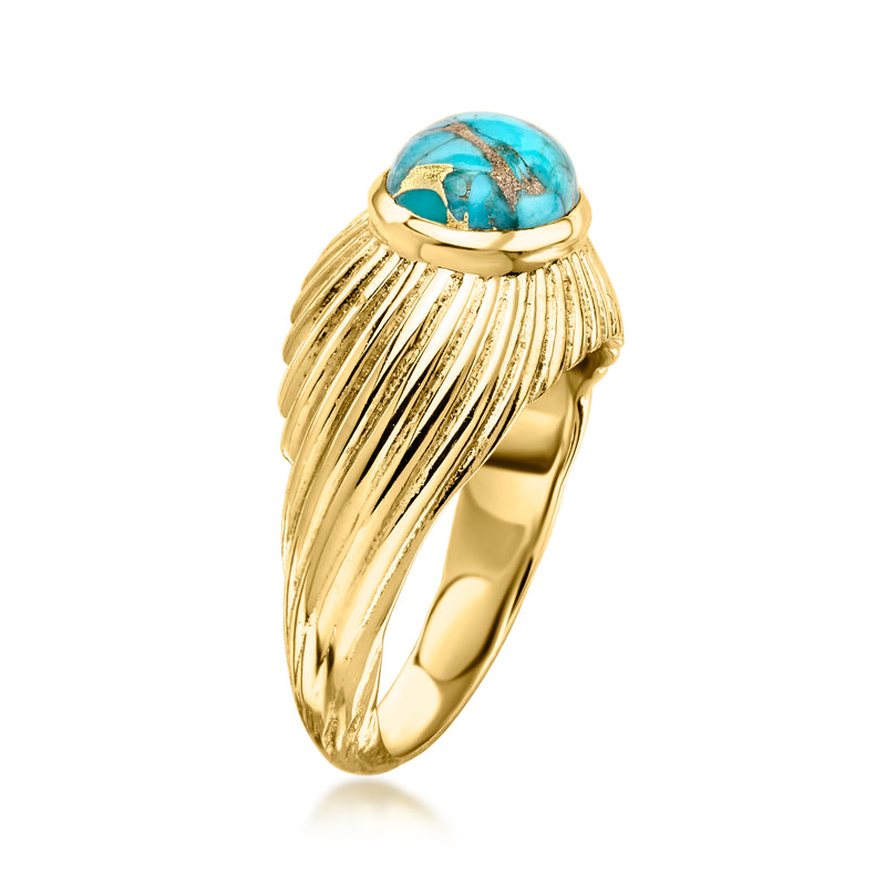 Gold-plated oval turquoise cabochon ring with vertical ribbed band, side view