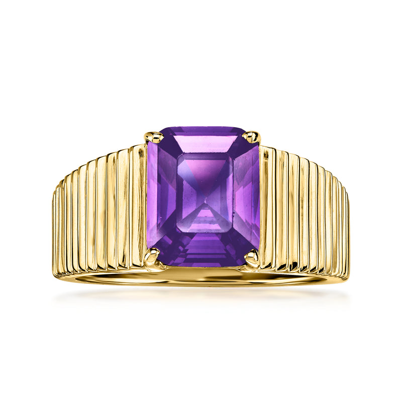 Gold-plated ring with rectangular amethyst-style gemstone and ribbed band