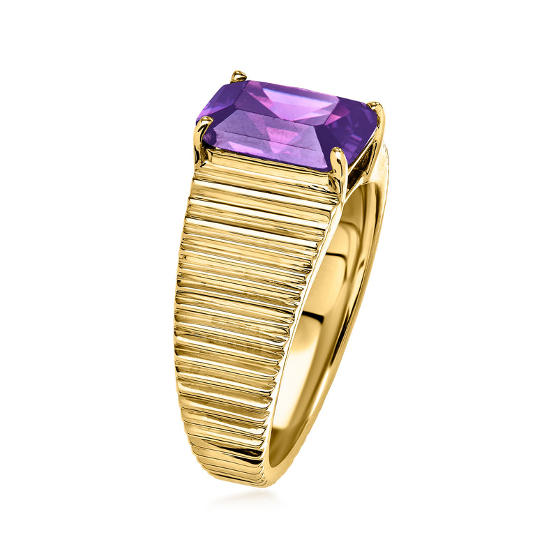 Gold-plated ribbed ring with purple square-cut amethyst-style stone, side view