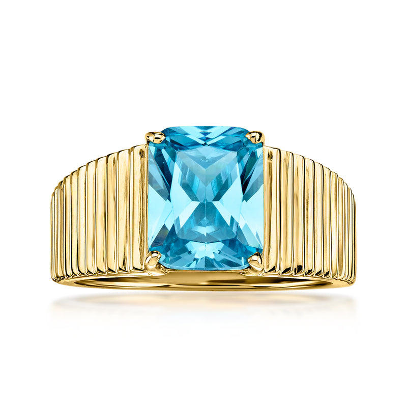Gold-plated ring with square blue simulated topaz and ribbed band