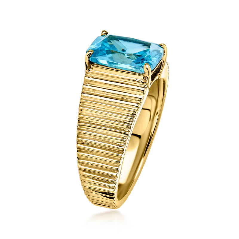 Gold-plated square-cut blue simulated topaz ring with ribbed side band