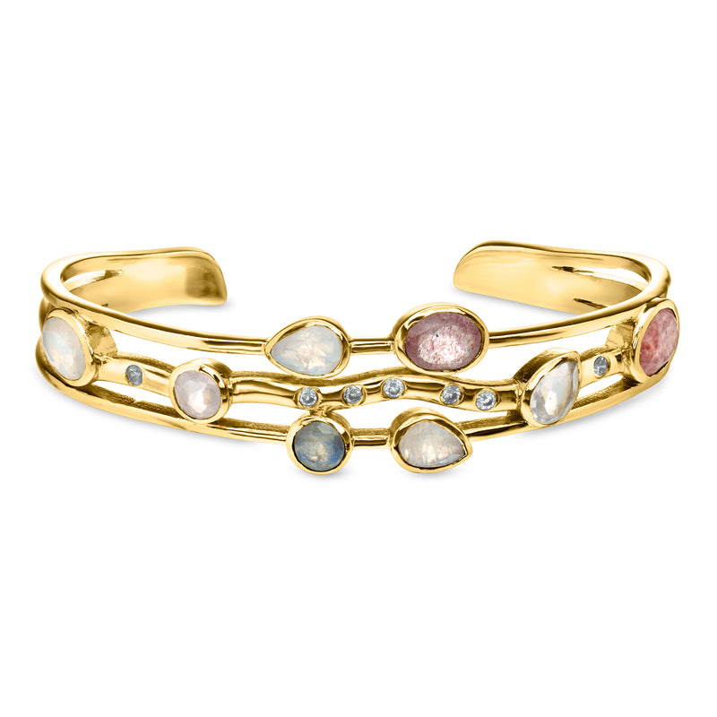 14kt yellow gold-plated cuff bracelet with multi-color round gemstones