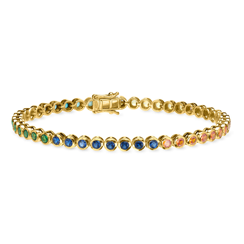 Gold-plated bracelet with bezel-set blue simulated gemstones and multicolor end stones