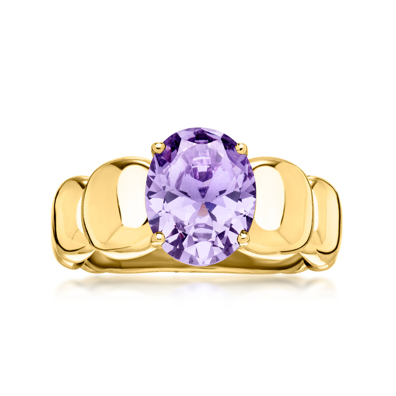Gold-plated ring with oval simulated amethyst and scalloped band