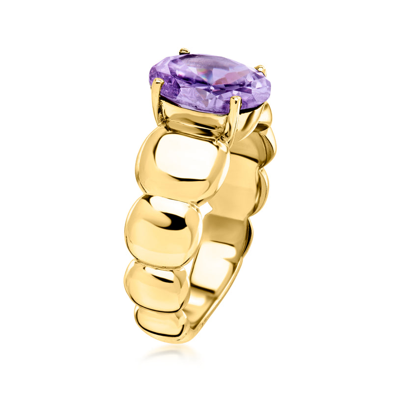 Gold-plated ring with raised oval simulated amethyst, angled side view