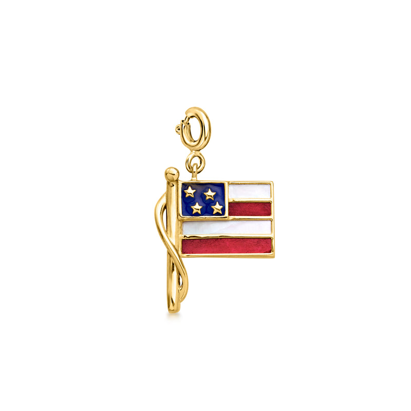 Gold American flag charm with blue star enamel and red enamel stripes, hanging loop