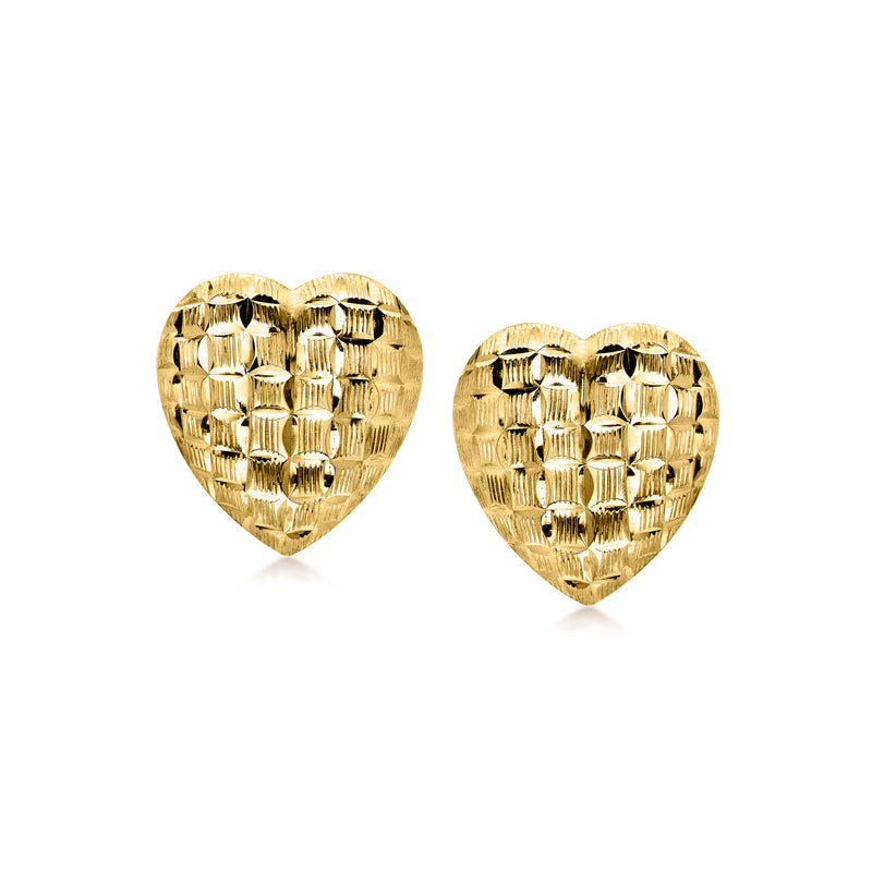 Vintage heart stud earrings in yellow gold with textured raised pattern, post backs