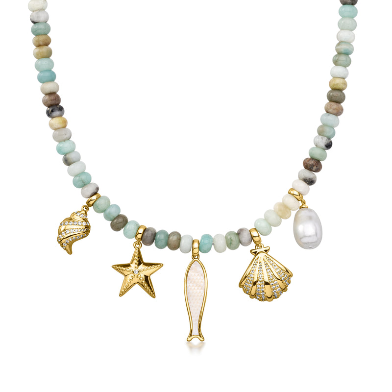 Gold-plated sea-life bead necklace with pastel beads and starfish, star, shell charms