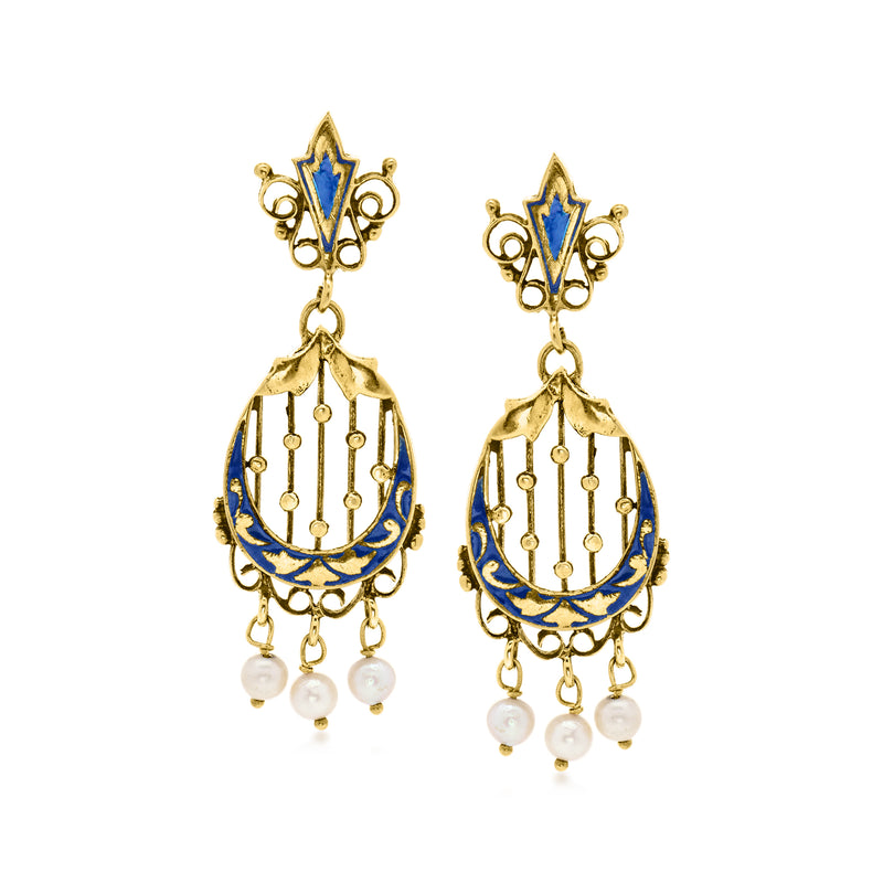 Vintage gold drop earrings with blue enamel and dangling pearl beads
