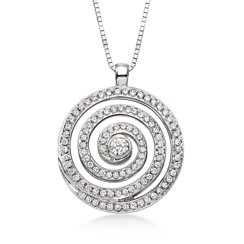 18kt white gold diamond swirl pendant on chain, round spiral halo