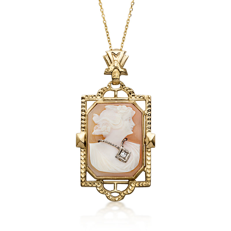 Vintage cameo pendant necklace with brown shell frame and single diamond, 14k yellow gold
