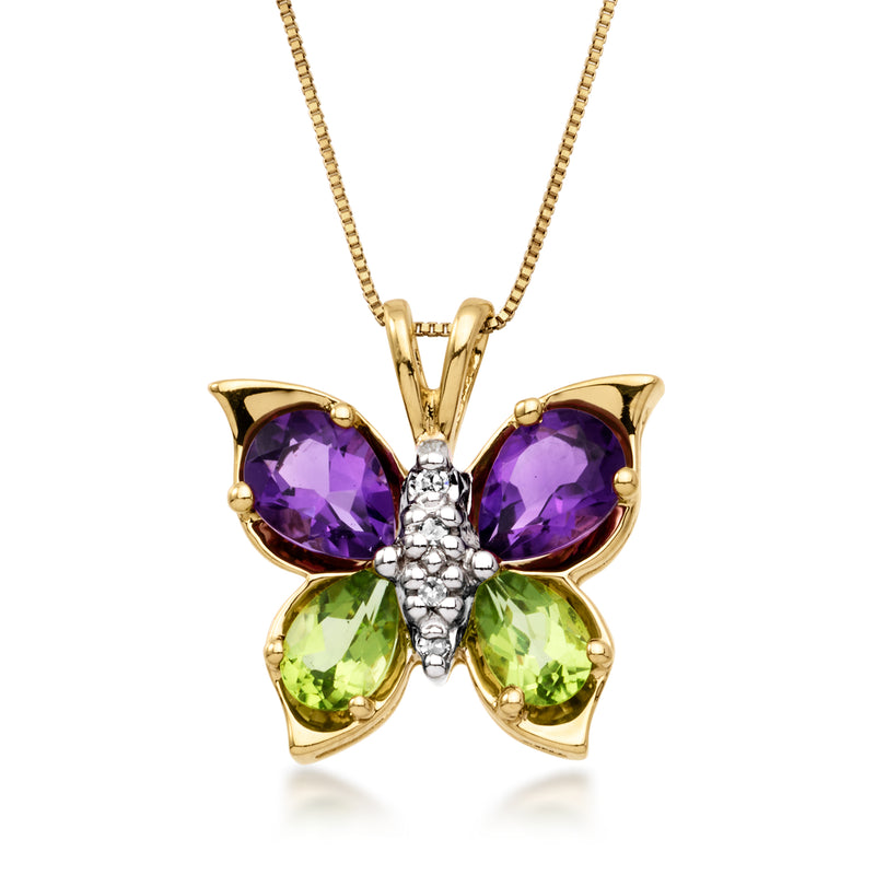 10kt yellow gold butterfly pendant necklace with amethyst, peridot, and diamond accents