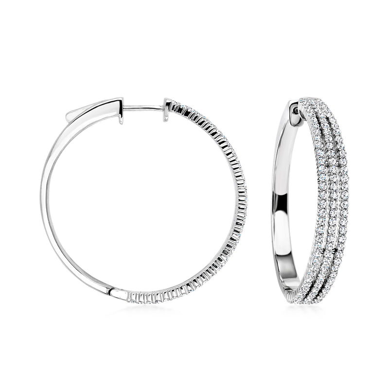 Sterling silver three-row diamond hoop earrings, round profile with hinged clasp