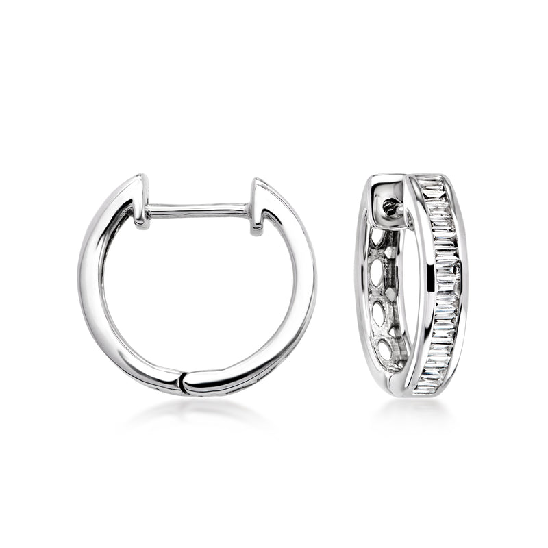 Sterling silver hoop earrings with small lab-grown diamonds, hinged clasp detail