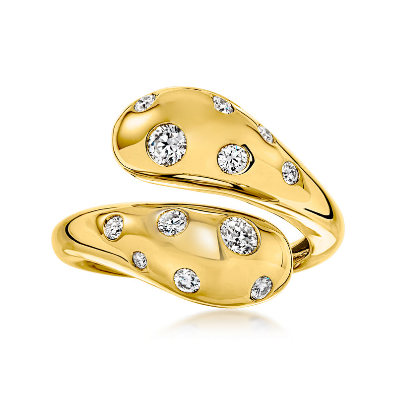 18kt gold bypass ring with round lab-grown diamonds, polished two-band design