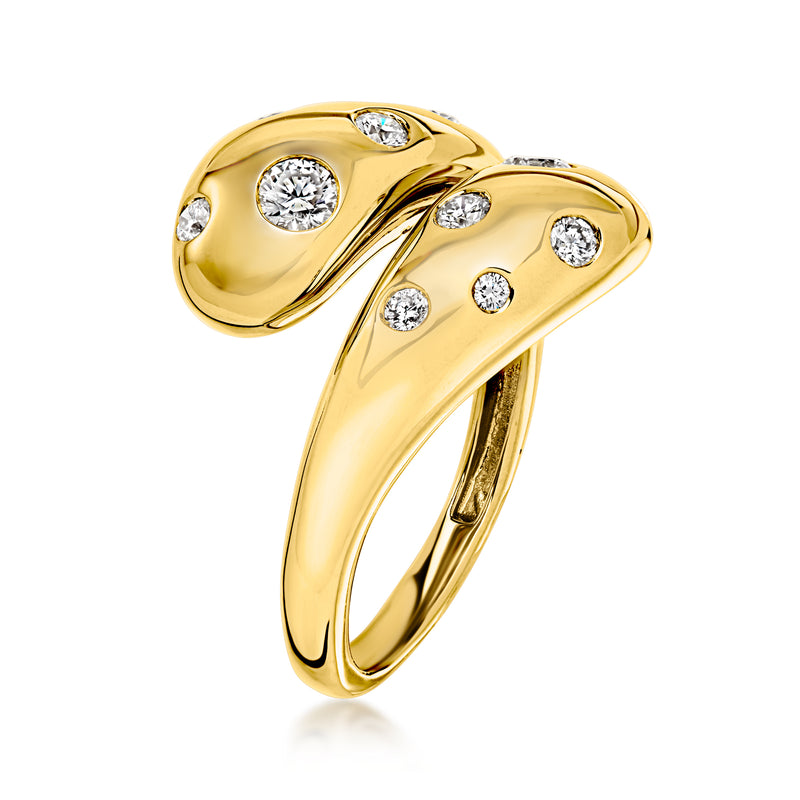 Gold bypass diamond ring with round stones on crossing bands, side view