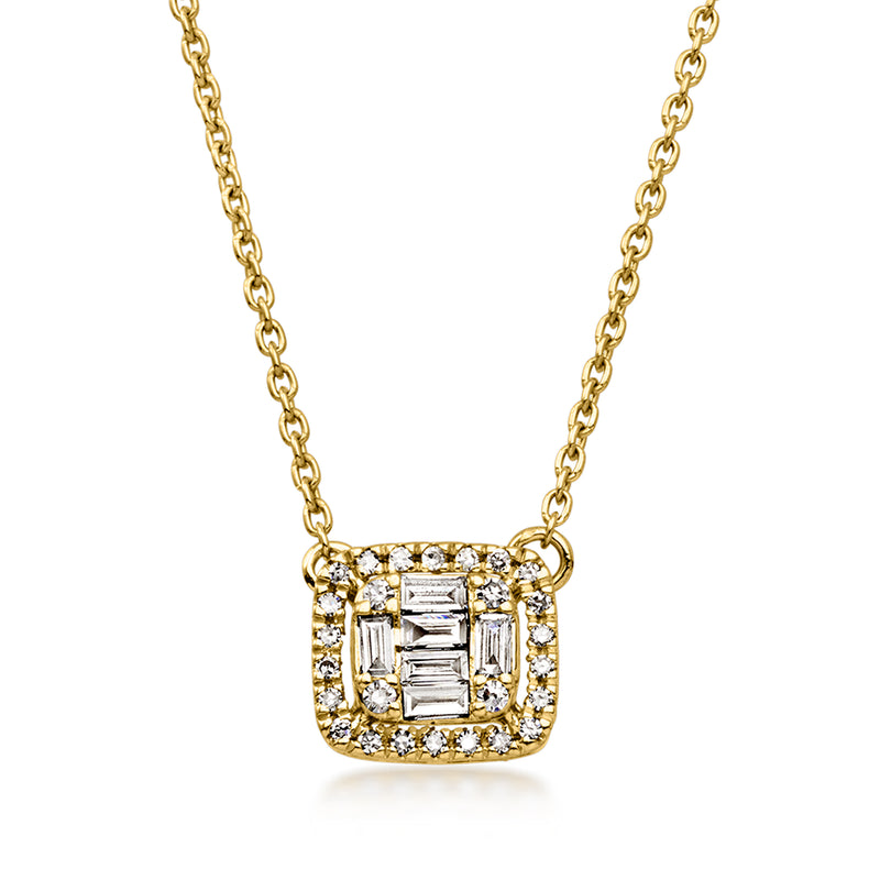 Gold diamond cluster pendant necklace with rectangular halo and baguette stones