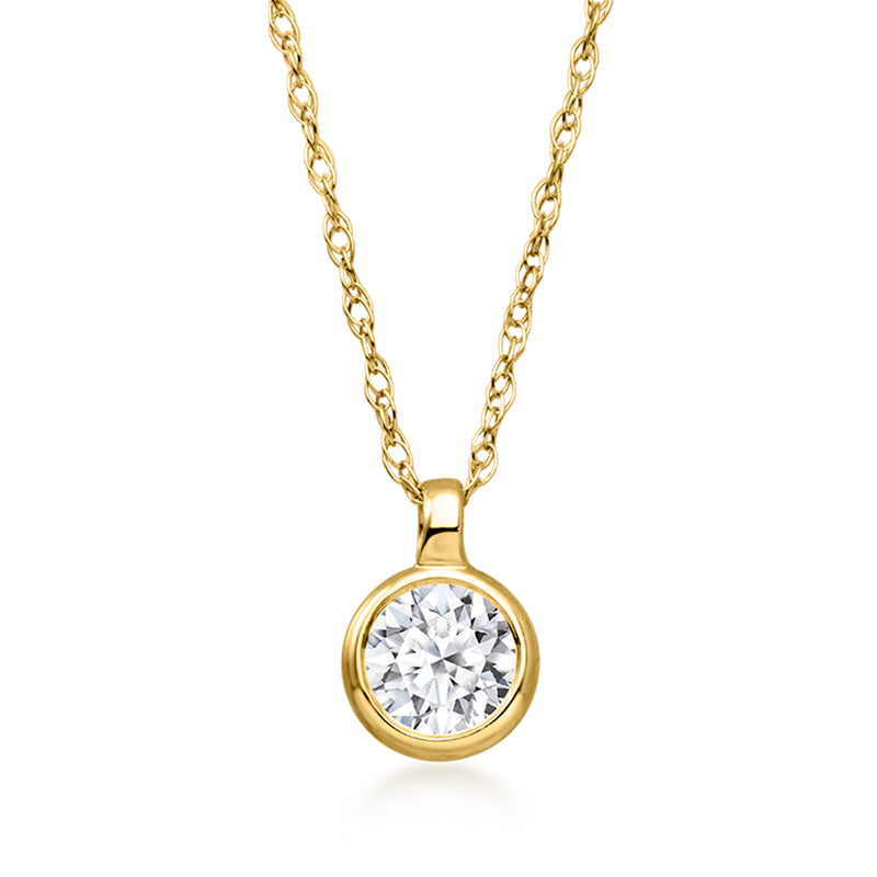 10kt yellow gold solitaire diamond pendant with bezel-set round stone and cable chain