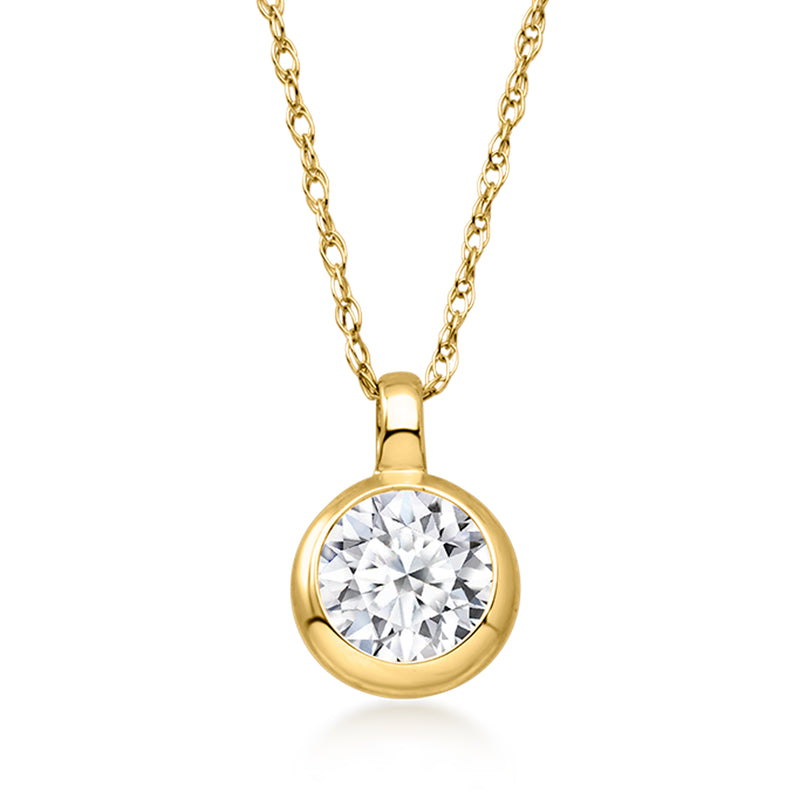 10kt yellow gold solitaire necklace with round bezel-set lab-grown diamond