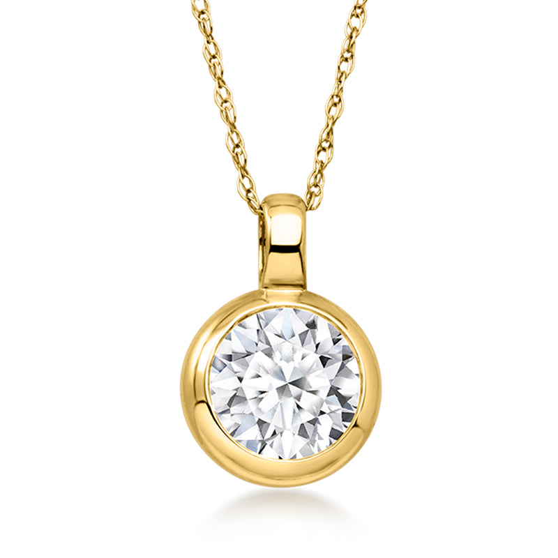 10kt yellow gold solitaire diamond pendant necklace with round bezel-set center stone