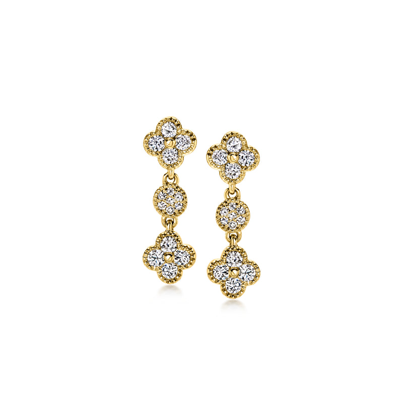 Yellow gold clover drop earrings with three dangling round diamonds