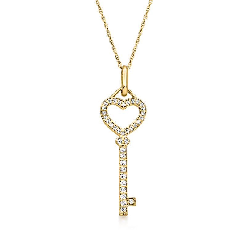 10kt yellow gold key pendant necklace with heart-shaped diamond accents