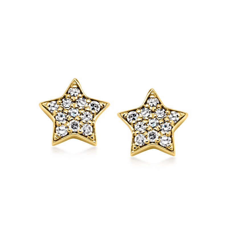 10kt yellow gold star diamond stud earrings with clear round stones, post backs