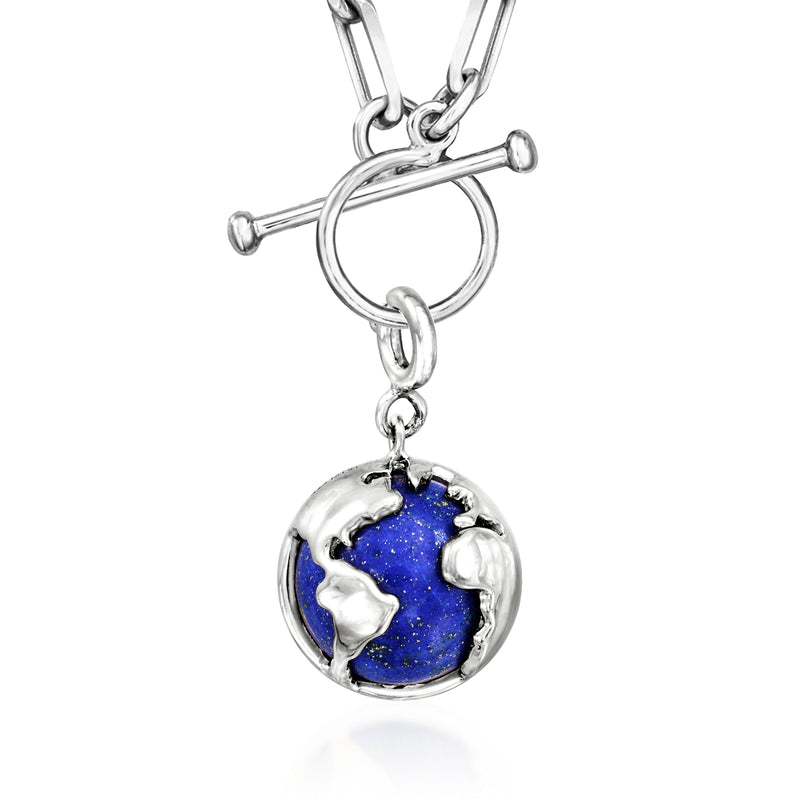 Sterling silver globe charm with blue lapis planet detail and oval frame