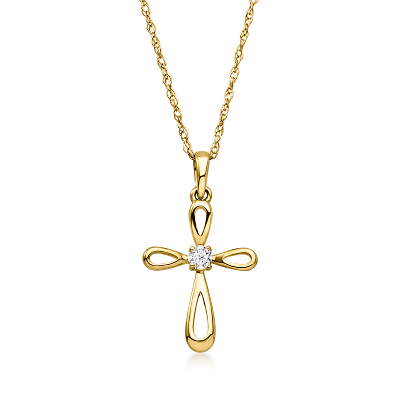 Yellow gold cross pendant necklace with round lab-grown diamond on link chain