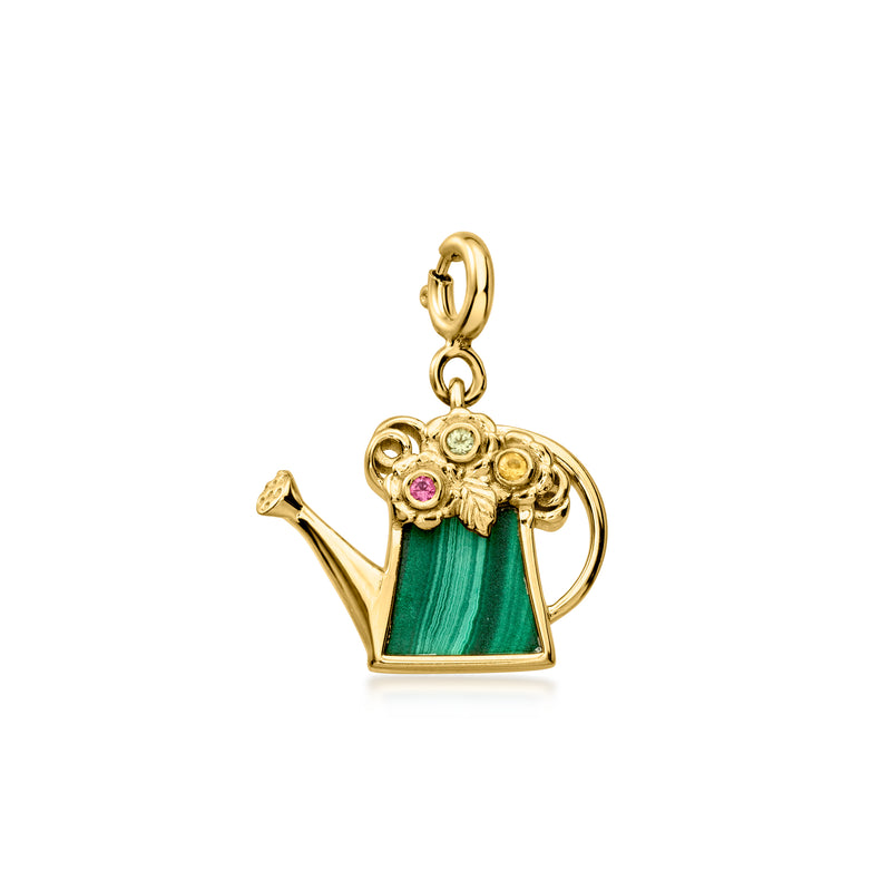 Gold-tone watering can charm with green malachite stone and pink accent gems