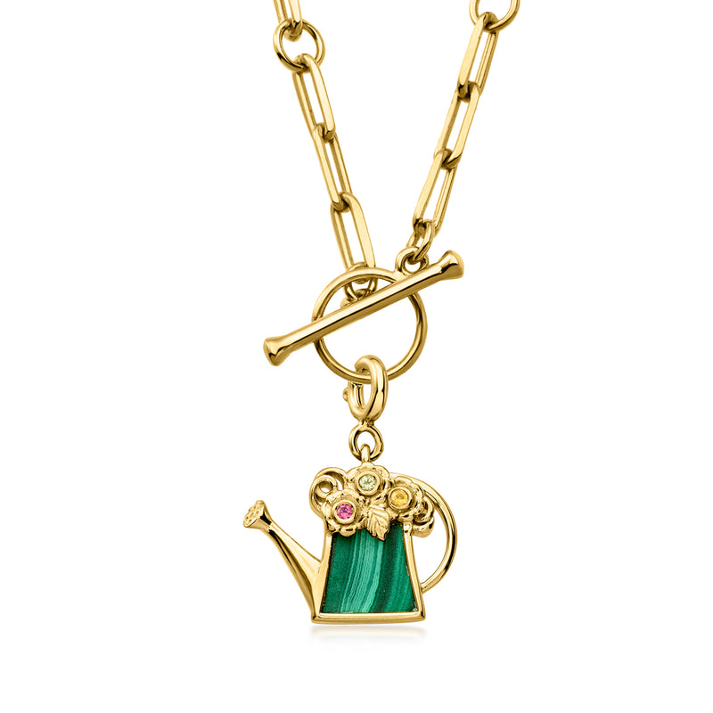 Gold watering can charm with ring bail, green malachite stone and pink accents