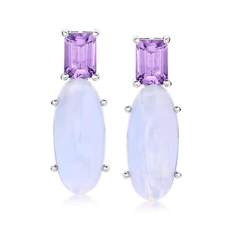 Sterling silver drop earrings with amethyst top and oval pale-blue stone drop