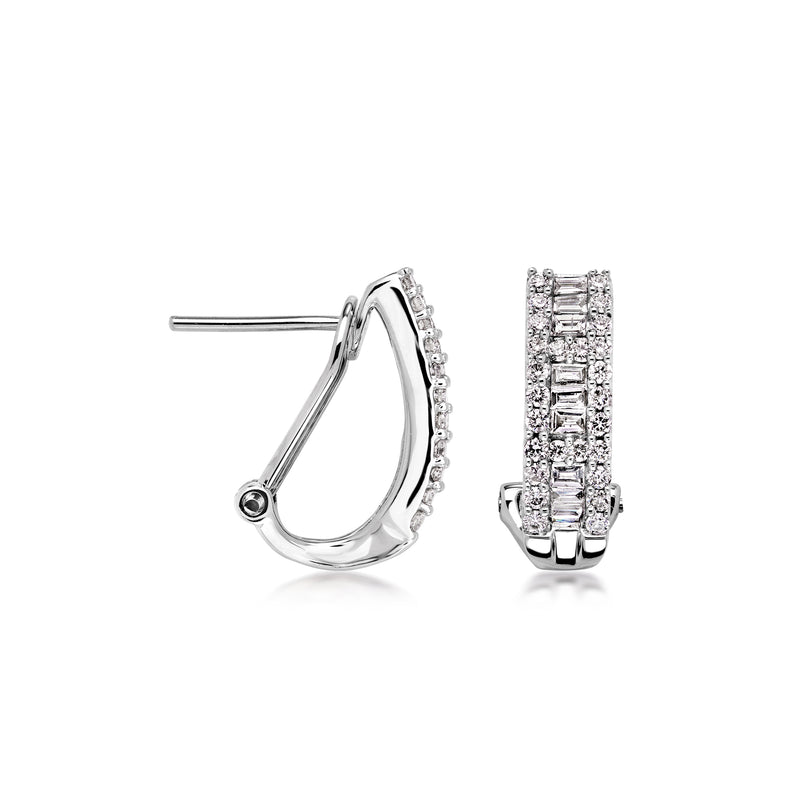 Curved diamond hoop earrings with hinged post backing, baguette-cut stones, 14k white gold