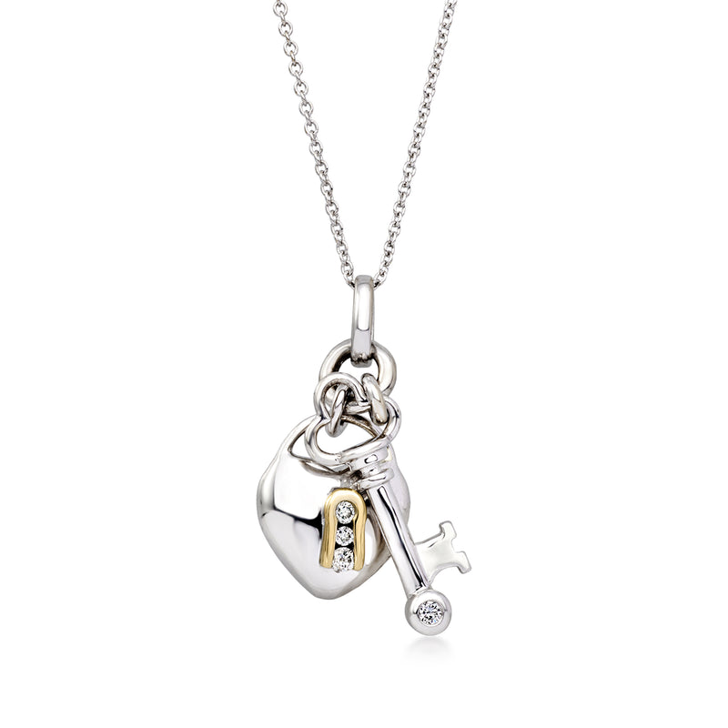 Heart lock and key pendant necklace in 18kt white gold with small diamond accents