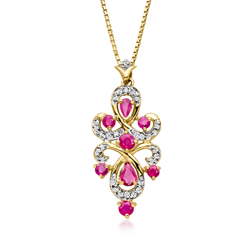 14kt yellow gold ruby and diamond scroll pendant necklace with teardrop red stones