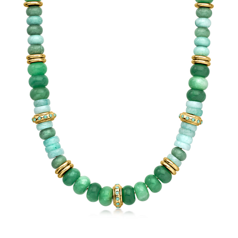 Green quartz bead necklace with gold-plated spacers and barrel clasp detail