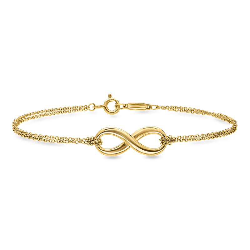 Yellow gold infinity-symbol bracelet with chain and hinged clasp
