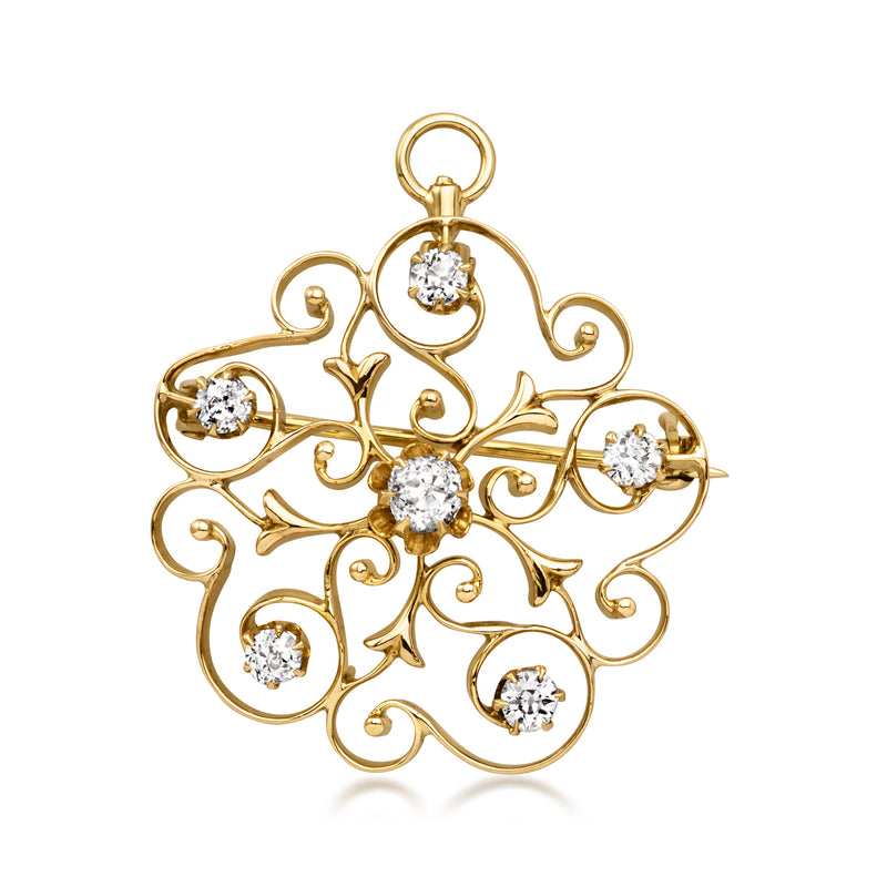 Vintage yellow gold diamond swirl pin pendant with five round stones