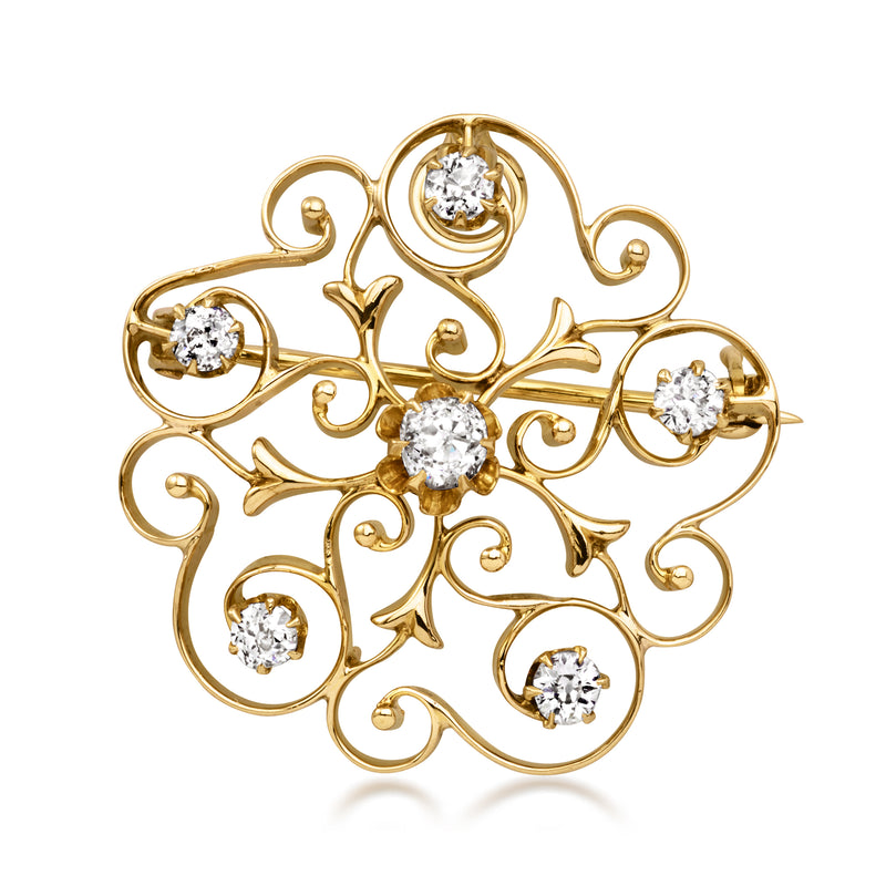 Vintage yellow gold diamond swirl pin pendant with five round stones and bail loop