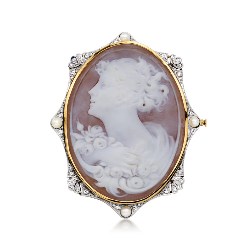 Oval cameo pin in two-tone gold with white profile, cultured pearls, and diamond accents
